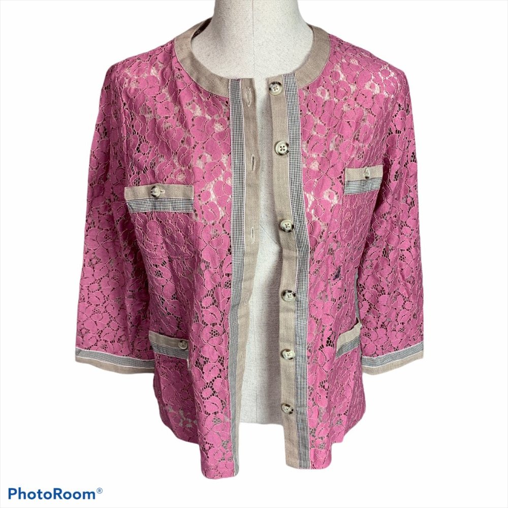 Linea Mauve Rose Lace Cardigan with Tan Trim XS